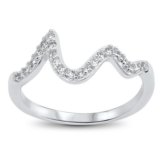 White Cubic Zirconia Wave Ocean Tide Ring .925 Sterling Silver Band Jewelry Female Male Size 6