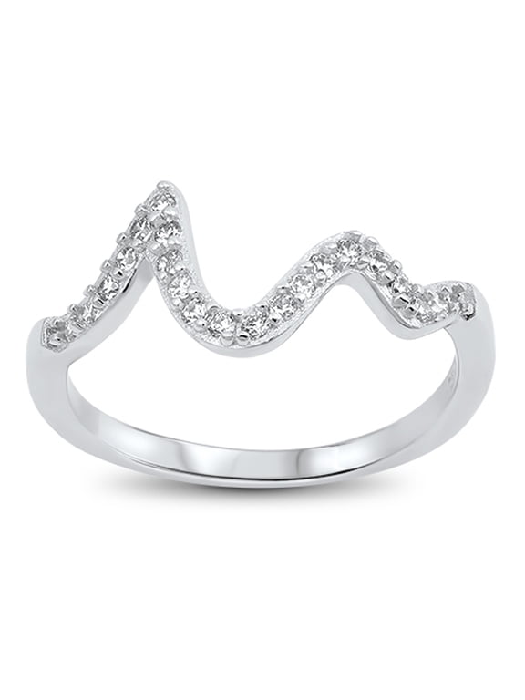 White Cubic Zirconia Wave Ocean Tide Ring .925 Sterling Silver Band Jewelry Female Male Size 7