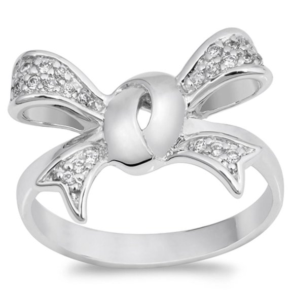 White Cubic Zirconia Wide Ribbon Bow Gift Knot Ring .925 Sterling Silver Band Jewelry Female Size 9