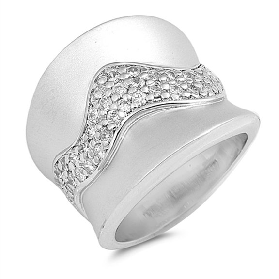 White Cubic Zirconia Wide Wave Cluster Ring .925 Sterling Silver Band Jewelry Female Male Size 7