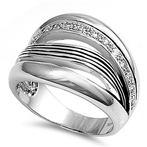 White Cubic Zirconia Wide Wood Grain Style Ring 925 Sterling Silver Band Jewelry Female Male Size 9