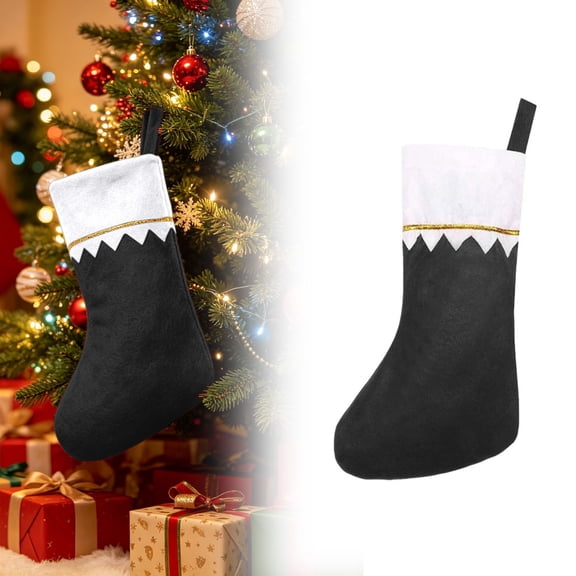 White Cuff Black Base Christmas Stocking – 14 Inch Gold Trim Modern Holiday Decor