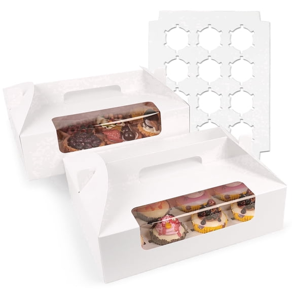 White Cupcake Boxes 12 Count, 30 Pcs Cupcake Containers with Handle, Window and Inserts , Gable Boxes for Muffins Cakes
