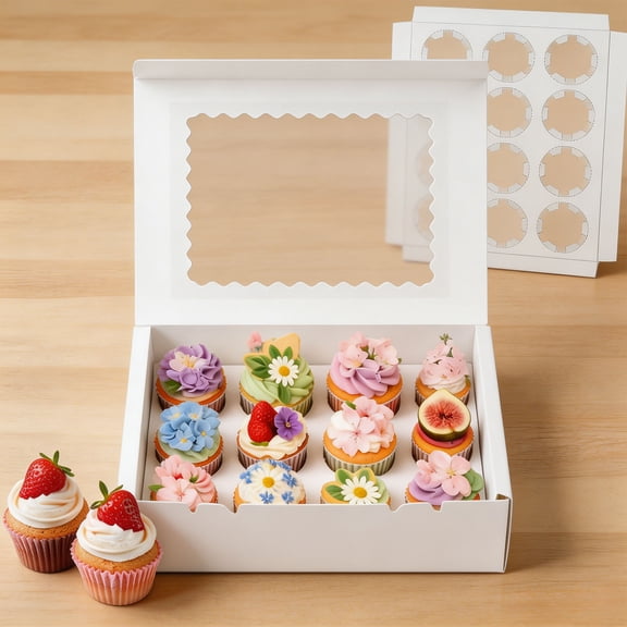 White Cupcake Boxes with Scalloped Clear Window, 11.6x9.8x3.54 Inch Food-Safe Cardstock Trays, Removable Inserts for Weddings, Bake Sales and Bulk Party Favors