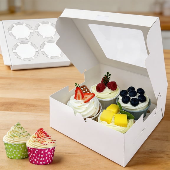White Cupcake Boxes with Clear Window, 6.3 Inch Cardstock Bakery Boxes with Inserts for Birthdays, Bake Sales and Homemade Dessert Gifting