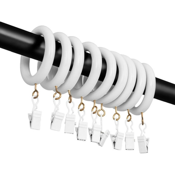 White Curtain Clip Rings with Hooks – Polished Shower & Drapery Rings – 2 Inch Outer, 1.25 Inch Inner Diameter – Set of 12