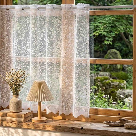 White Curtain Floral Embroidered Sheer Valance, Light Filtering Window Screen, Rod Pocket Kitchen Curtain, Semi Sheer Cabinet Door Decoration, 23.62" x 39.37", White, Lazyguy