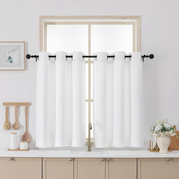 White Curtains 36 Inch Length, Light Filtering Faux Linen Textured Small Kitchen Window Over Sink, Thick Grommet Short Cafe Curtain for Cabinet Bathroom Basement, 40Wx36L, 2PCS