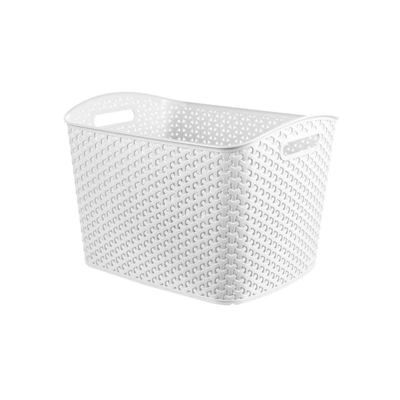 White Curved Decorative Storage Basket Plastic Y Weave Nesting Bin with Cut Out Handles 11 Inch Cube Compatible