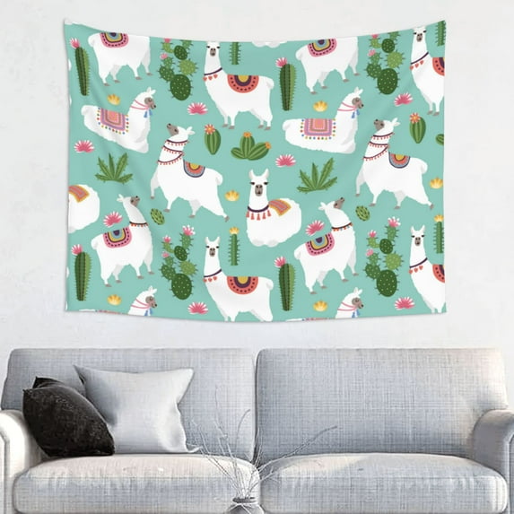 White Cute Alpaca Green Cactus Tapestry for Bedroom - Tapestry Wall Hanging Wall Tapestry for Dorm Wall Decor Home Decoration , Aesthetic Funny Tapestry 29 x 37in