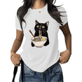 thumbnail image 1 of White Cute Black Cat Eating Ramen Noodles Print Tshirt Graphic Tees Shirts Fun Aesthetic Casual Daily Foodie Weekend Outdoor Outfit Tops S-5XL, 1 of 5
