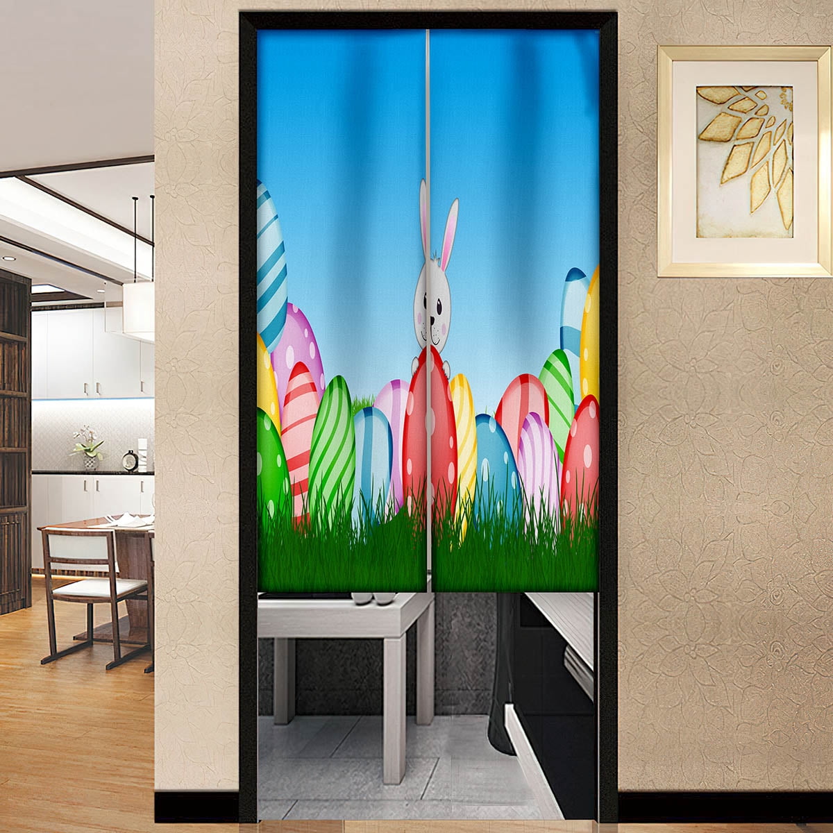 Door Frame Rabbits White Cute Cartoon Rabbit Linen Print Door Curtains No Punching for ...