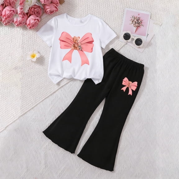 White Cute Casual 2-Piece Teddy Bear Bow Outfit for Girls - Soft Stretch Skin-Friendly Short Sleeve Top & Flared Pants, Kids to Big Girls (2-8 Years),Size 4-5 T