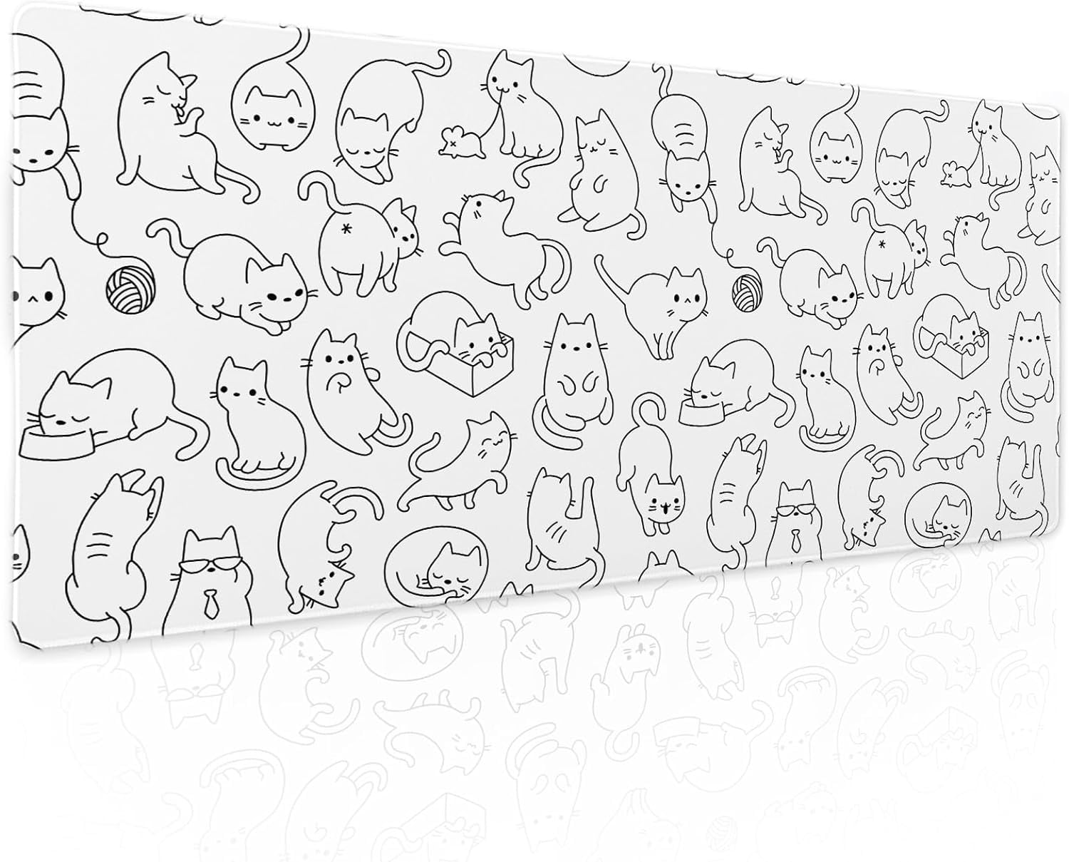 White Cute Cat Gaming Mouse Pad XL Kawaii Kittens Anime Aesthetic Extended Big Large Desk Mat Non-Slip Rubber Base Stitched Edge Long Keyboard Mousepad for PC Computer Laptop,31.5×11.8 in