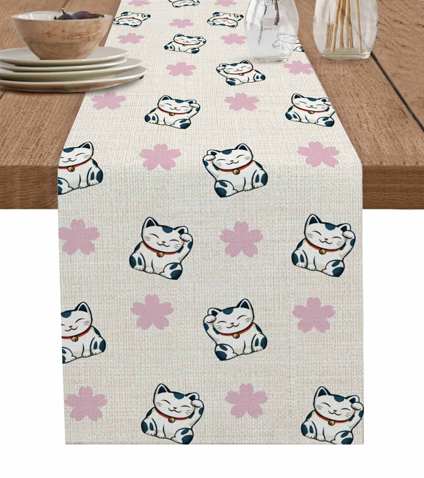 White Cute Cat Table Runner 72 Inches, Pink Floral Abstract Art Cartoon ...