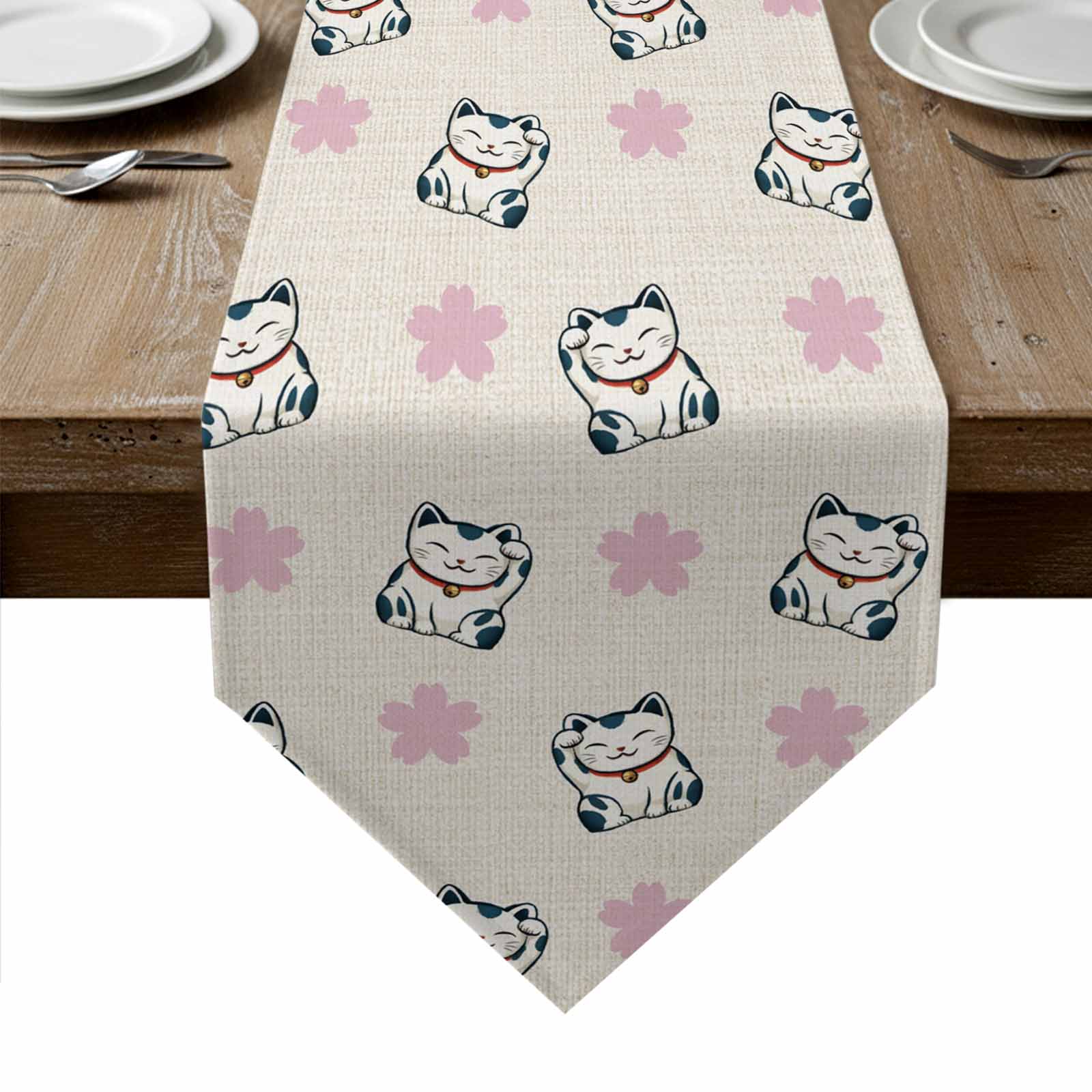 White Cute Cat Table Runner Linen Burlap Table Runner 72 Inches Long ...