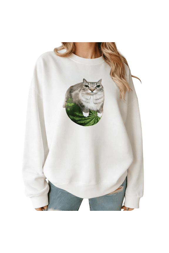 White Cute Cat on Watermelon Print Crewneck Sweatshirt Women's Casual Loose Fit Long Sleeve Funny Pet Lover Pullover Top S-3XL