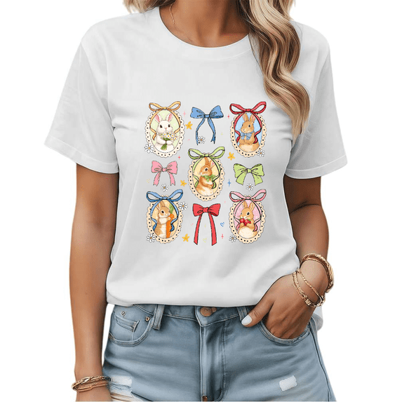 White Cute Easter Bunny Frame Bow Print T-Shirt Graphic Tees Shirts Easter Lover Casual S-5XL Tops