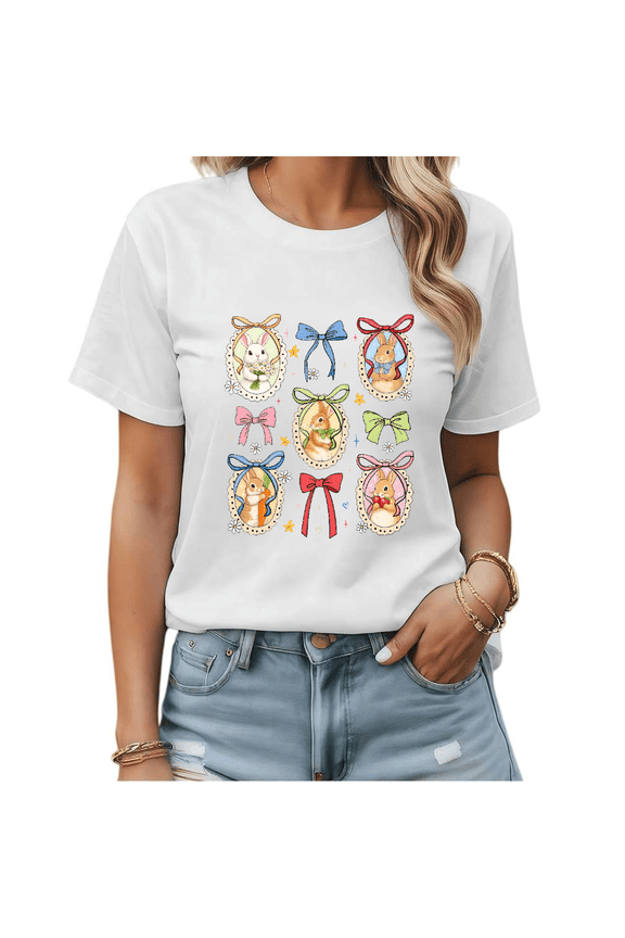 White Cute Easter Bunny Frame Bow Print T-Shirt Graphic Tees Shirts Easter Lover Casual S-5XL Tops