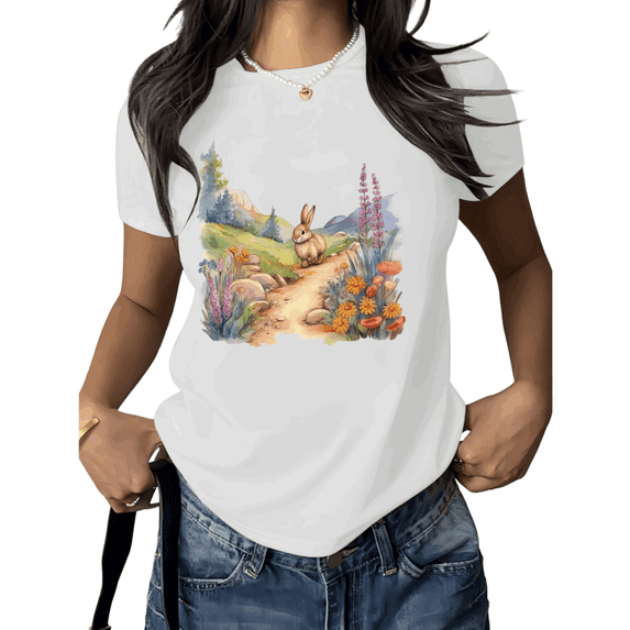White Cute Easter Bunny Spring Landscape Print Tshirt Graphic Tees Vintage Watercolor Bunny Easter Shirts Holiday Gift S to 5XL Tops