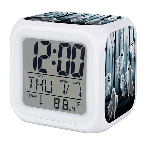 White Cute Ghost Halloween Digital Alarm Clock for Bedrooms, Smart LED Alarm Clock with 7 Color Changing Night Light, Silhouettes Forest Branches Silent Wake Up Clocks for Sleep Study Cooking