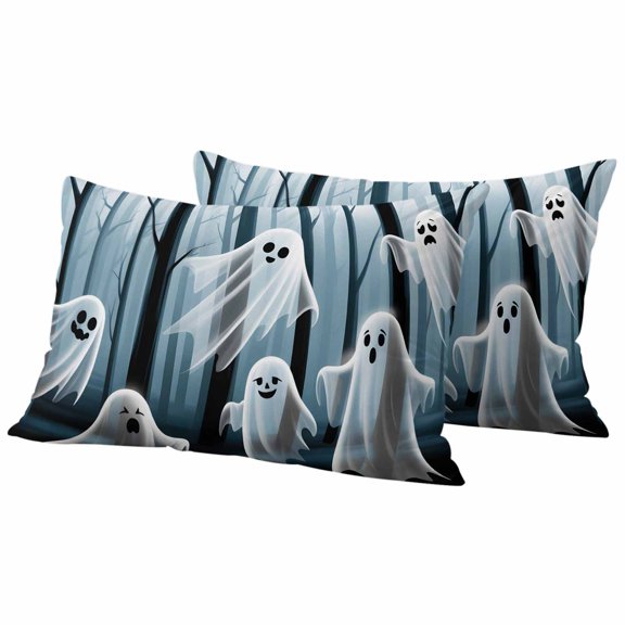 White Cute Ghost Halloween Outdoor Waterproof Pillow Covers, Silhouettes Forest Branches Decorative Rectangle Throw Pillowcase Sofa Cushion Sham for Patio/Couch/Chair, 20"x12" 2 Pack