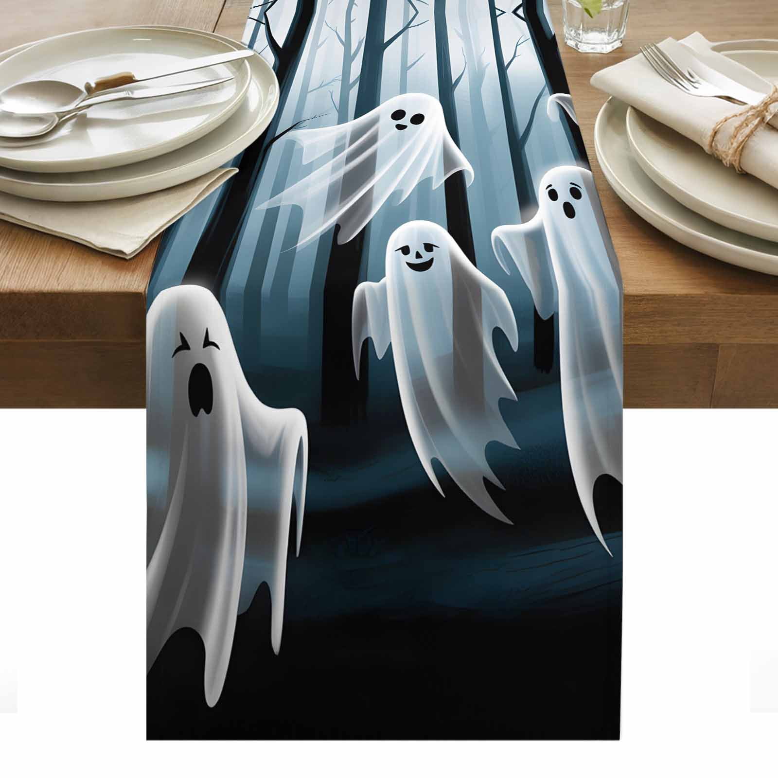 White Cute Ghost Halloween Table Runner - 120 Inch Long, Kitchen Dining ...