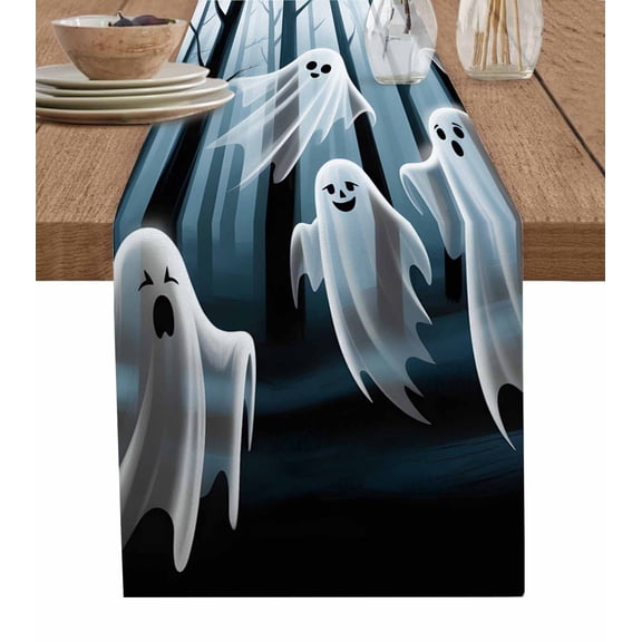 White Cute Ghost Halloween Table Runner 36 Inches, Silhouettes Forest Branches Bed Runner Dresser Scarves Tabletop for Indoor Outdoor Parties/Ceremony/Banquet, 13"x 36"