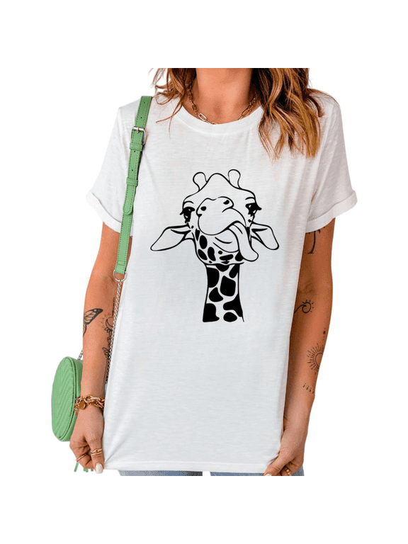 White Cute Giraffe Face Tongue Out Graphic Print Tshirt Graphic Tees Shirts Animal Lover Funny Safari Casual Tops S-5XL