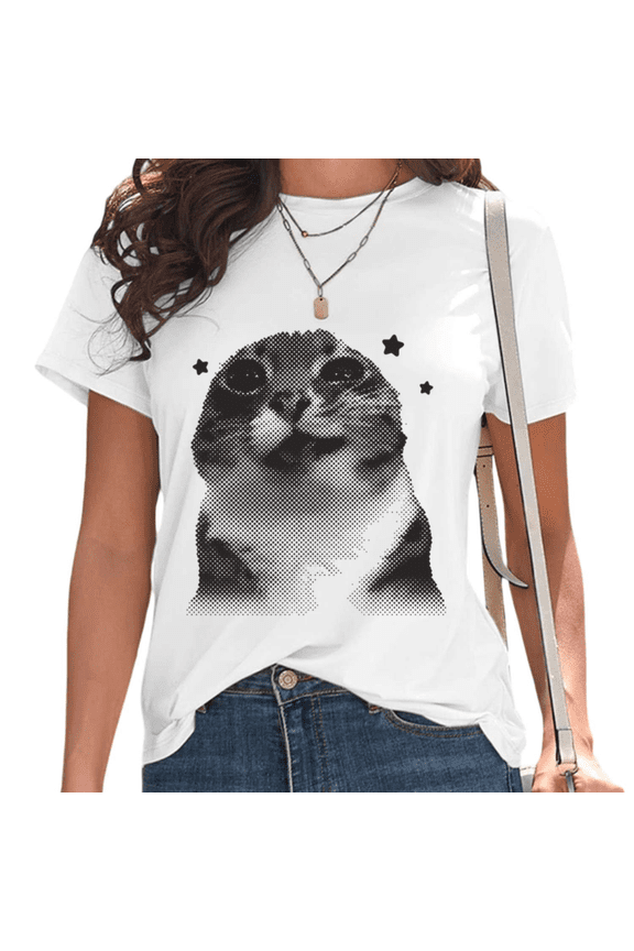 White Cute Halftone Cat Meme with Stars Print Tshirt Graphic Tees Shirts Grunge Aesthetic Cat Lover Tops S-5XL