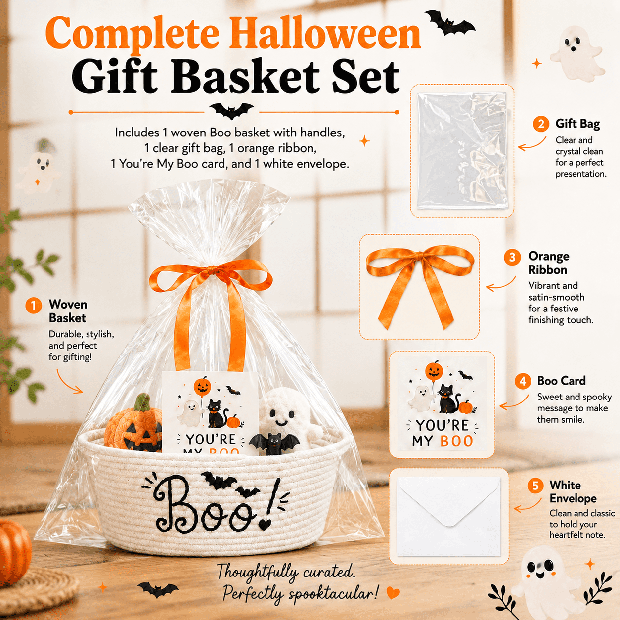 Mini Buskets White Cute Mini Woven Boo Gift Basket Set with Handles, Ribbon, Card ...