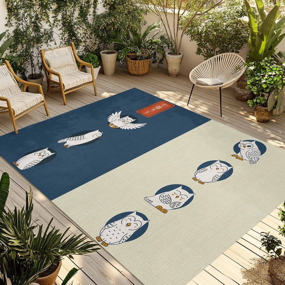 White Cute Owls Outdoor Rug 5x8 Ft - Reversible Patio Rug Outdoor Camping Rugs, Japanese Cartoon Navy Brown Washable Indoor Outdoor Area Rugs, Non-Slip Outdoor Carpet Runner for Deck/Porch