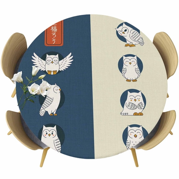 White Cute Owls Round Tablecloth, Fitted Table Cover with Elastic for 36"-44" Round Tables, Japanese Cartoon Navy Brown Table Cloth Outdoor Indoor Dinning Party Waterproof Tablecloths