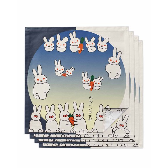 White Cute Rabbit Cloth Napkins Set of 4 Reusable Dinner Napkins, Cartoon Carrot Harmony Gradient Moon Cocktail Napkin Washable Table Napkins for Wedding/Holiday Party/Baby Shower 20"x20"