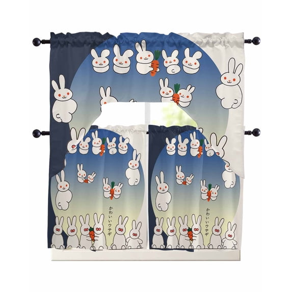 White Cute Rabbit Swag Curtains for Living Room/Bedroom Windows, Cartoon Carrot Harmony Gradient Moon Kitchen Curtains and Valances Set 36 Inch Length, Light Filtering Swags Valance Curtain Panels