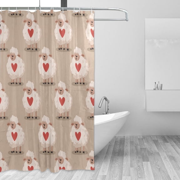 White Cute Sheep Hearts Valentine Shower Curtains with 12 Hooks Waterproof Bathroom Decor 66" x 72"