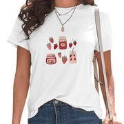 White Cute Strawberry Jam & Drink Print T-Shirt Womens Casual Loose Fit Short Sleeve Retro Fruit Aesthetic Summer Graphic Tee Tops S-5XL