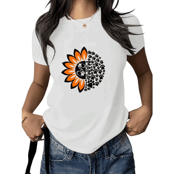 White Sunflower Paw Trendy Dog Lover Trendy Tshirt Printed Tees Shirts Pet Owner Mothers Day Gift Casual Vacation S-5XL Tops
