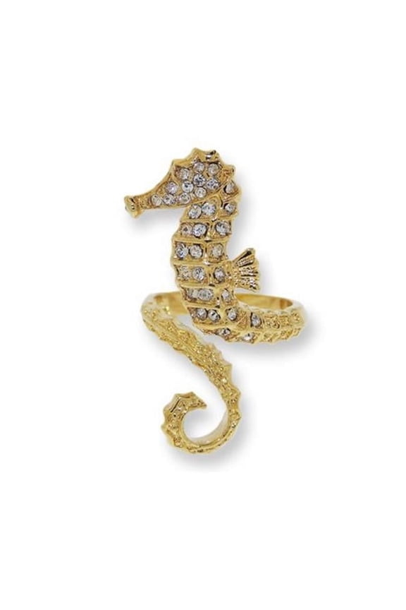 White Czech crystal sea horse rings set in Yellow Gold