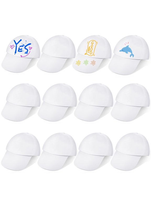 White DIY Hat Set, 12 DIY Hats with 12 Colored Pens, DIY Painting Blank Baseball Hats for Family Bond DIY Party Crafts Art Activity