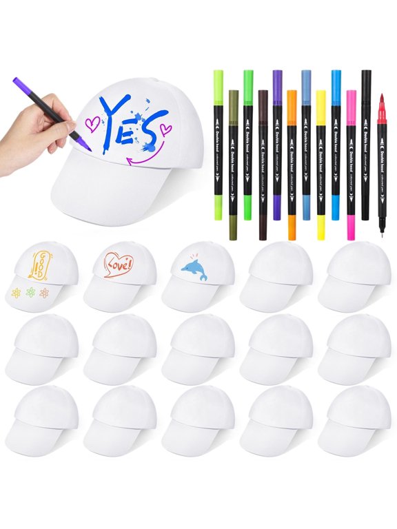 White DIY Hat Set, 16 DIY Hats with 12 Colored Pens for Youth, DIY Painting Blank Baseball Hats, Creative Adjustable Baseball Cap Hat for Family Bond, DIY Party, School Crafts, Art Classes