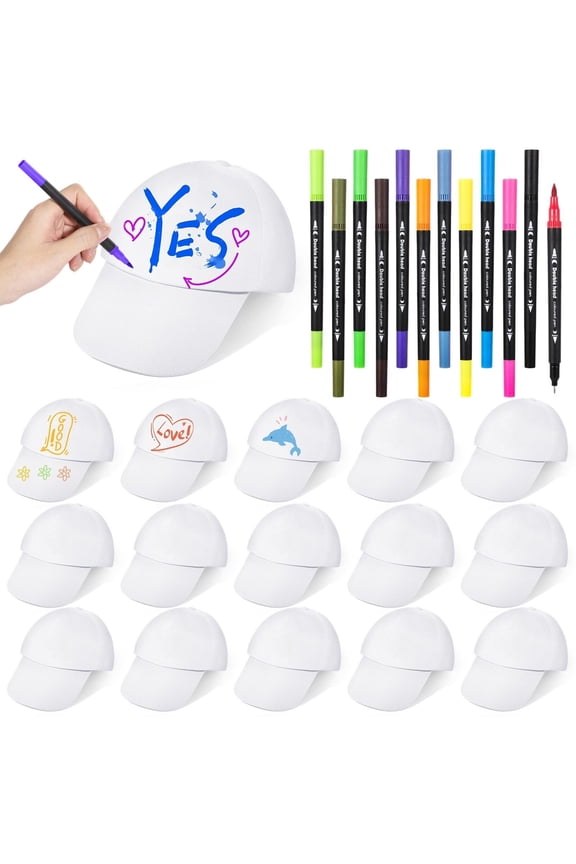 White DIY Hat Set, 16 DIY Hats with 12 Colored Pens for Youth, DIY Painting Blank Baseball Hats, Creative Adjustable Baseball Cap Hat for Family Bond, DIY Party, School Crafts, Art Classes