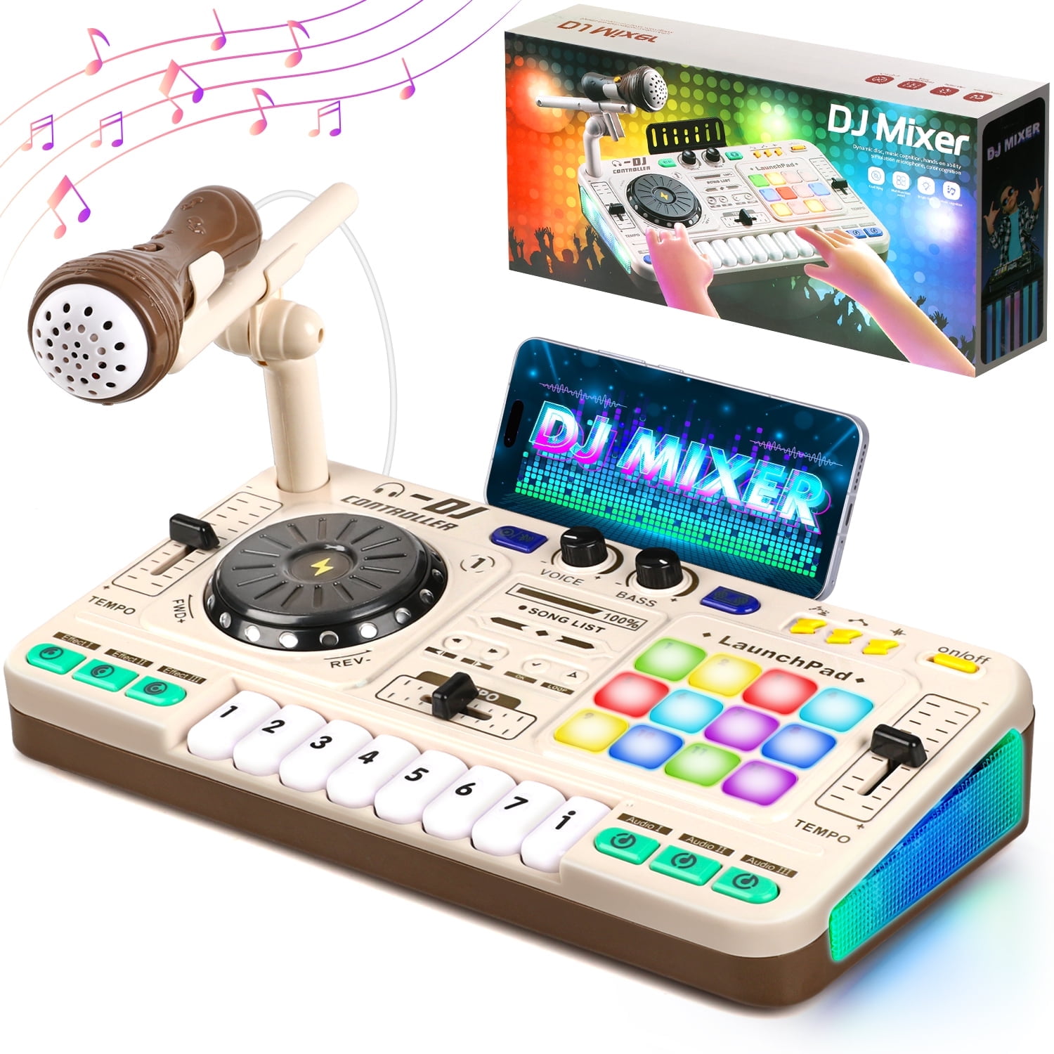 Hot Bee DJ Mixer Turntable Toy with Bluetooth, Lights & Mic Music Activity Toy for Kids with Beat Effects, Sound Pads & Record Function Musical Gift for Kids 5-7, 8-12+(White )