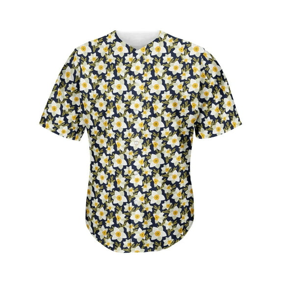White Daffodil Flower Pattern Print Active Baseball Jersey for Men and Women, FLORAL Button Down Women’s Baseball Team Shirts.