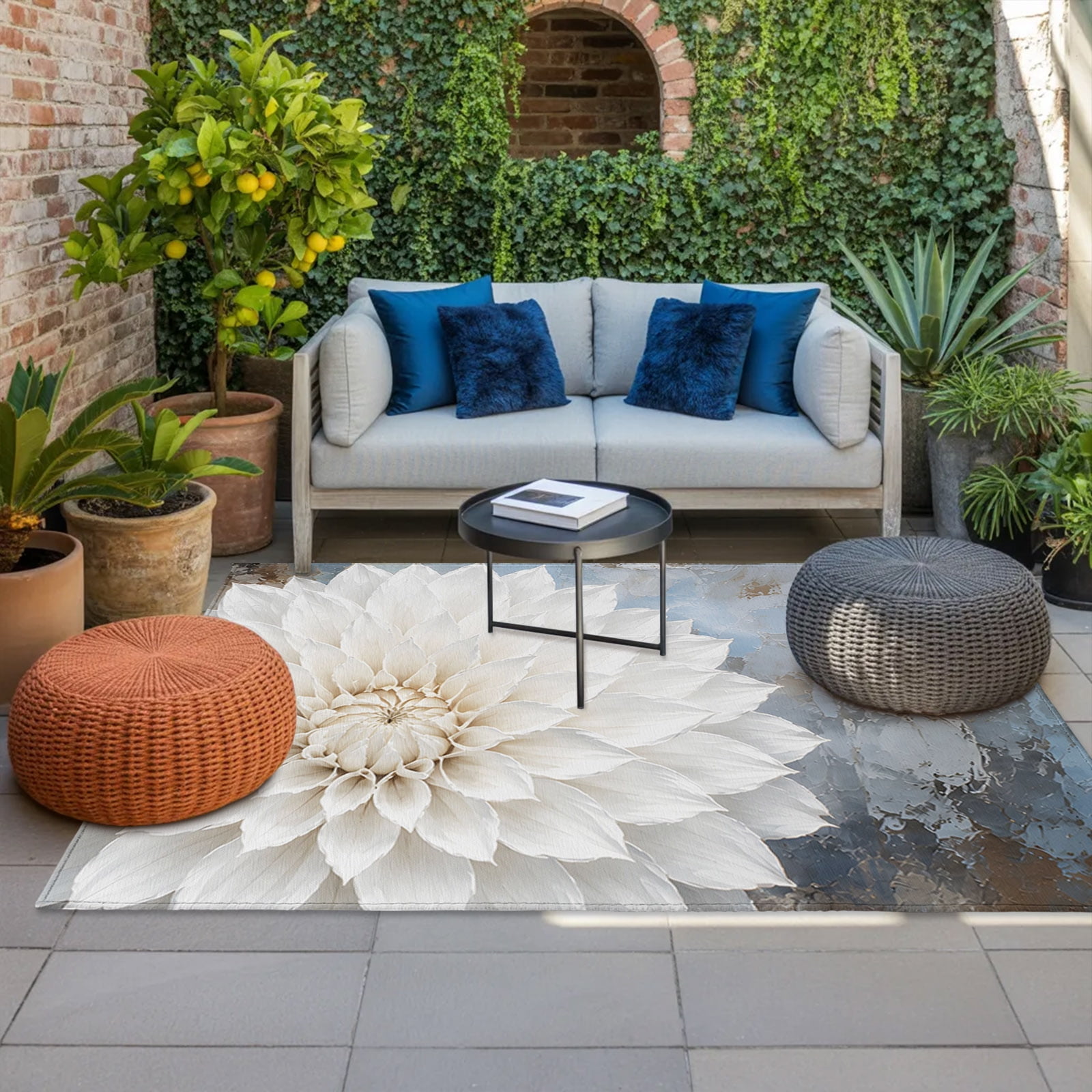 White Dahlia Bloom Outdoor Rug, Rustic Petals Oil Painting Botanical ...