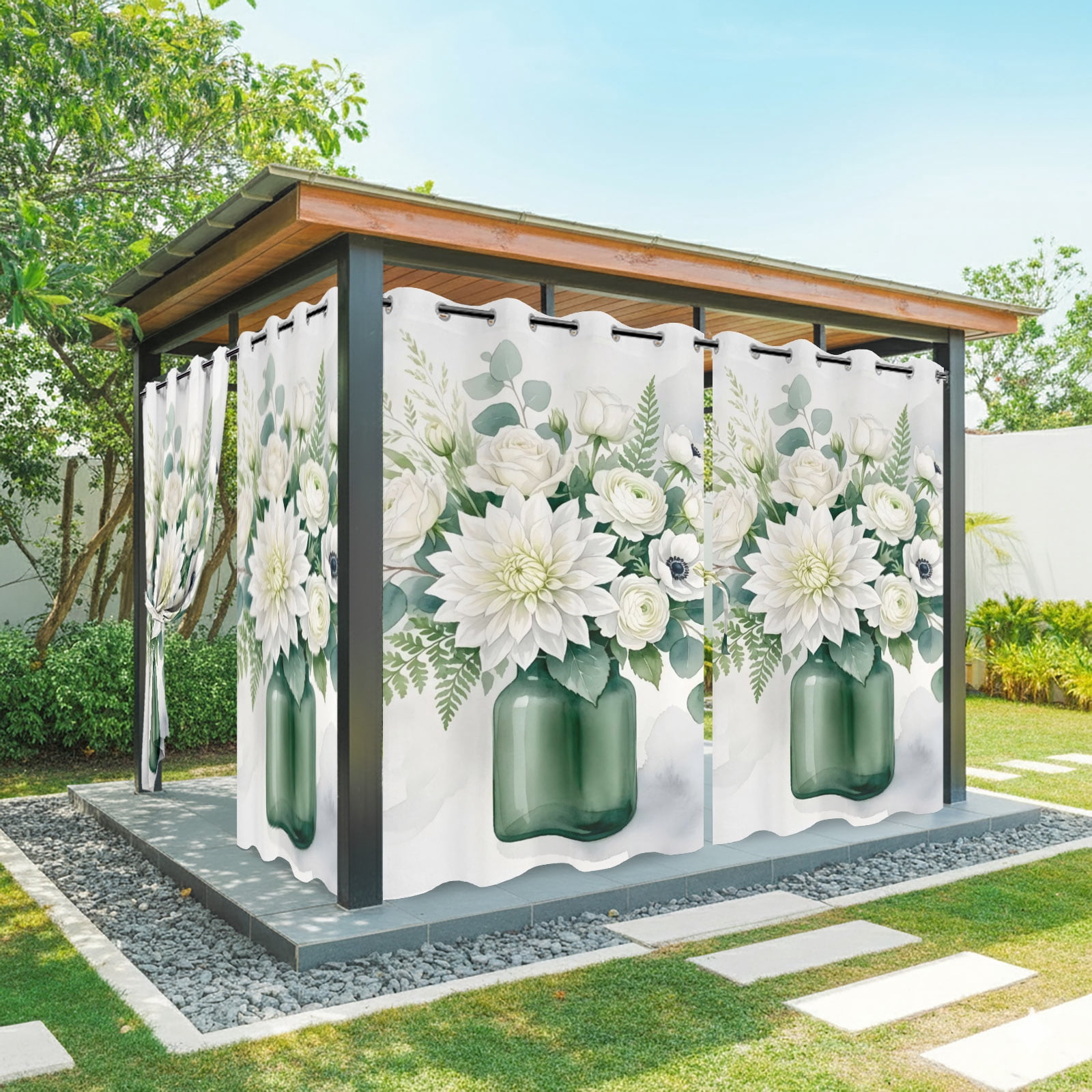 White Dahlia Rose Flower Outdoor Curtains for Patio, Eucalyptus Leaf Green Vase Botanical Sunshade Privacy Drapes Grommet Waterproof Outside Curtains for Porch/Cabana/Balcony 54"x 108", 1 Panel