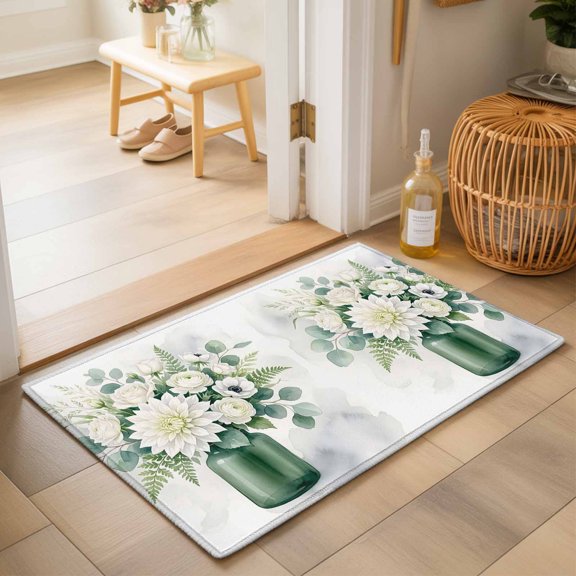 White Dahlia Rose Flower Washable Small Entryway Area Rugs 2'x3', Eucalyptus Leaf Green Vase Botanical Washable Throw Rug Non-Slip Sturdy Edge Binding Carpet for Front Door Floor Room Entry