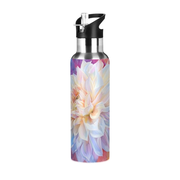 White Dahlia Watercolor Sports Bottle with Straw Stainless Steel Water Jug Portable Thermal Cup Leak-proof 600ML