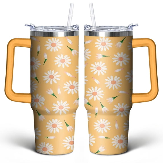 White Daisies 30 Oz Tumbler with Handle Lid and Straw, Stainless Steel Double Walled Vacuum Insulated Cup, Cute Anniversary Wedding Birthday Gifts Tumbler for Women Men Friends Outdoor Indoor