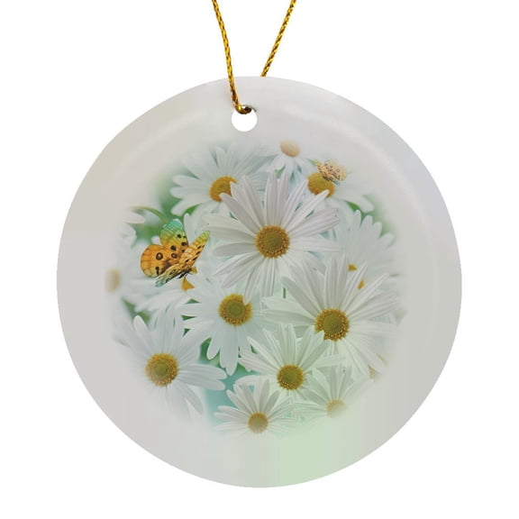 3drose, White Daisies Aprils Birth Flower with Butterflies Perfect for the April Birthday, Circle Porcelain Ornament